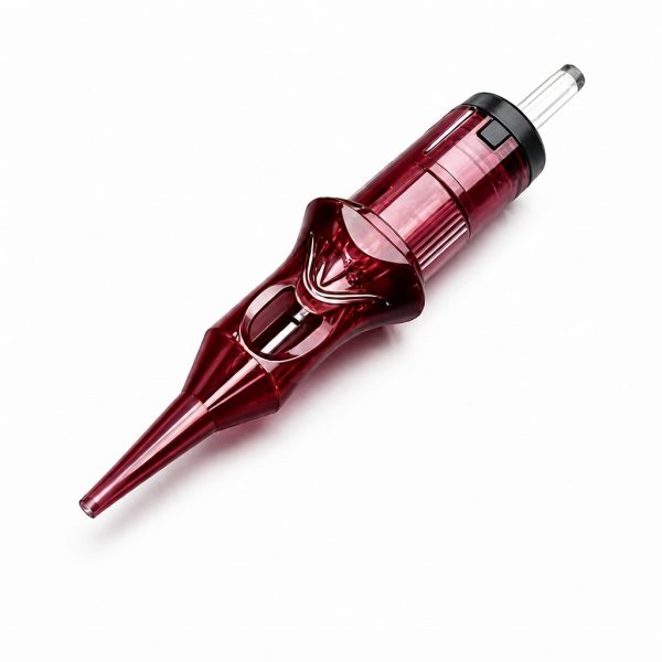 Close-up of a single deep red Event Premium Vampire tattoo needle cartridge against a pure white background.