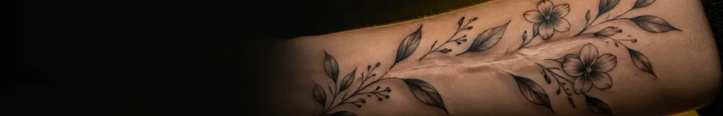 Floral tattoo design worked over a healed forearm scar