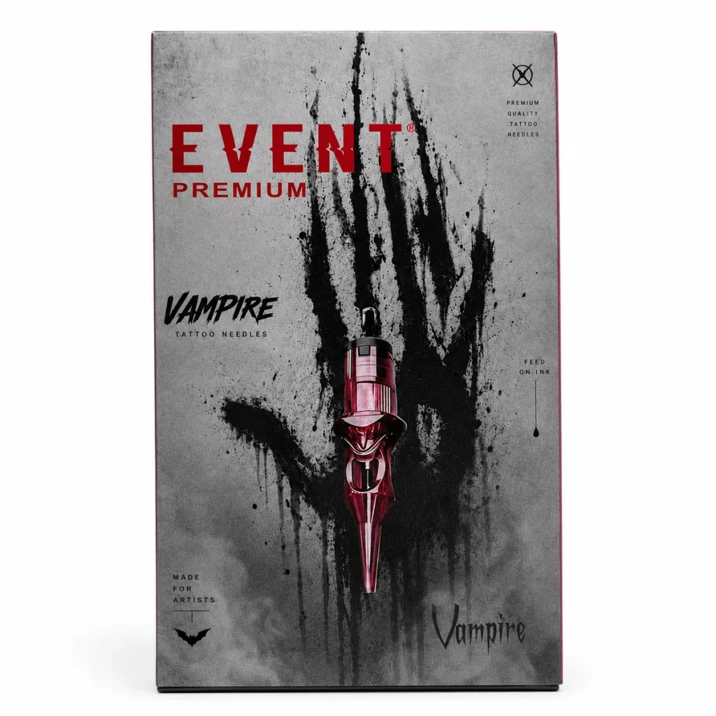 Front view of the Event Premium Vampire tattoo needle box, featuring a dark handprint graphic, held in hand against a clean white background.
