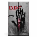 Front view of the Event Premium Vampire tattoo needle box, featuring a dark handprint graphic, held in hand against a clean white background.