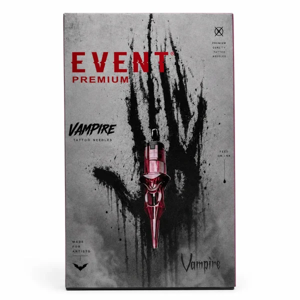 Front view of the Event Premium Vampire tattoo needle box, featuring a dark handprint graphic, held in hand against a clean white background.