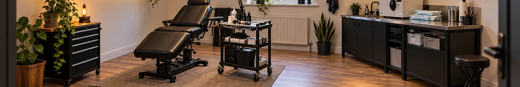 AI-generated image of a converted home room set up as a tattoo studio: tattoo chair, equipment cart, and a separate sterilization counter with autoclave