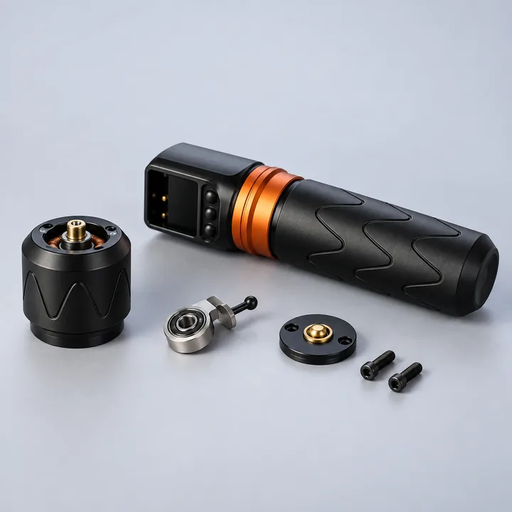 Rotary tattoo pen disassembled into its main components: body, motor, battery pack, and power control unit